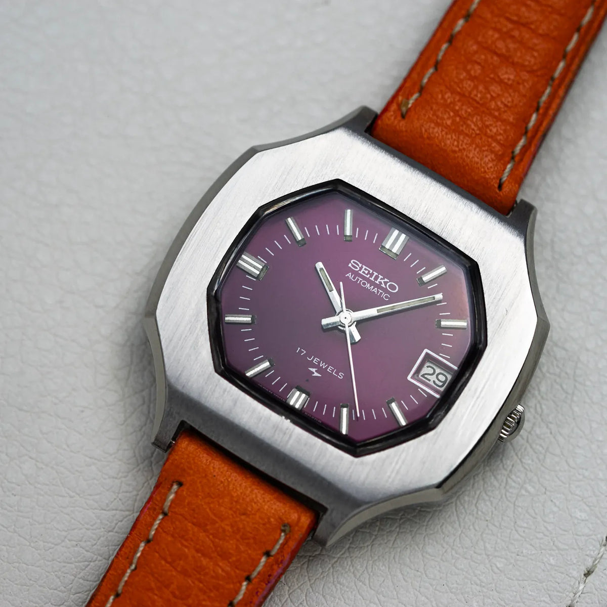 1972 Seiko 7005-5020 with purple date-only dial and polygonal steel case