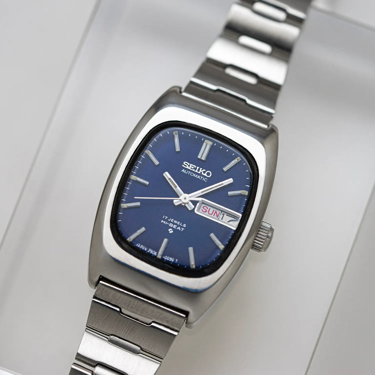 Blue-dial Seiko Hi-Beat 2906-3040 with steel bracelet and day-date display