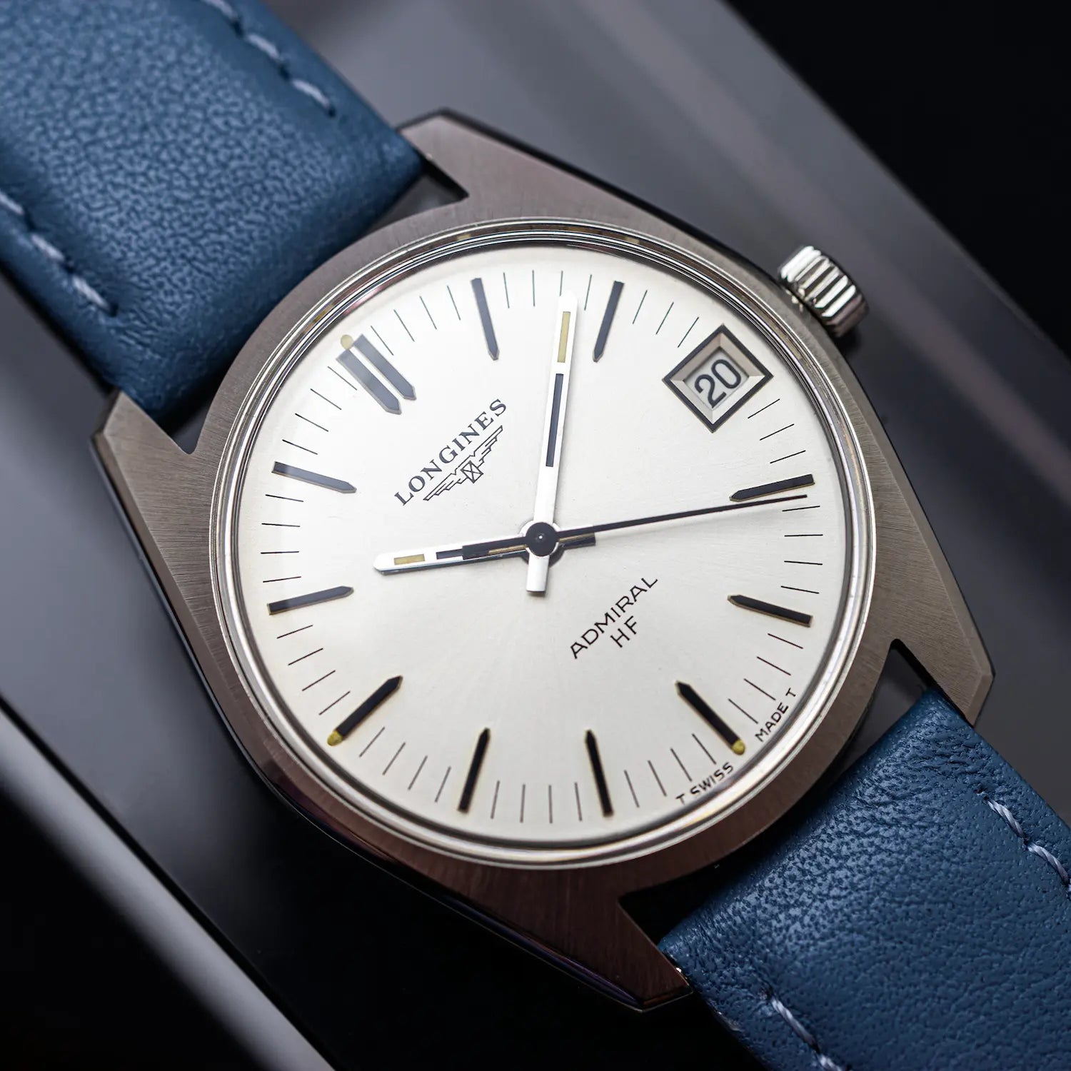Longines Admiral HF vintage watch whit light silver dial on blue leather strap
