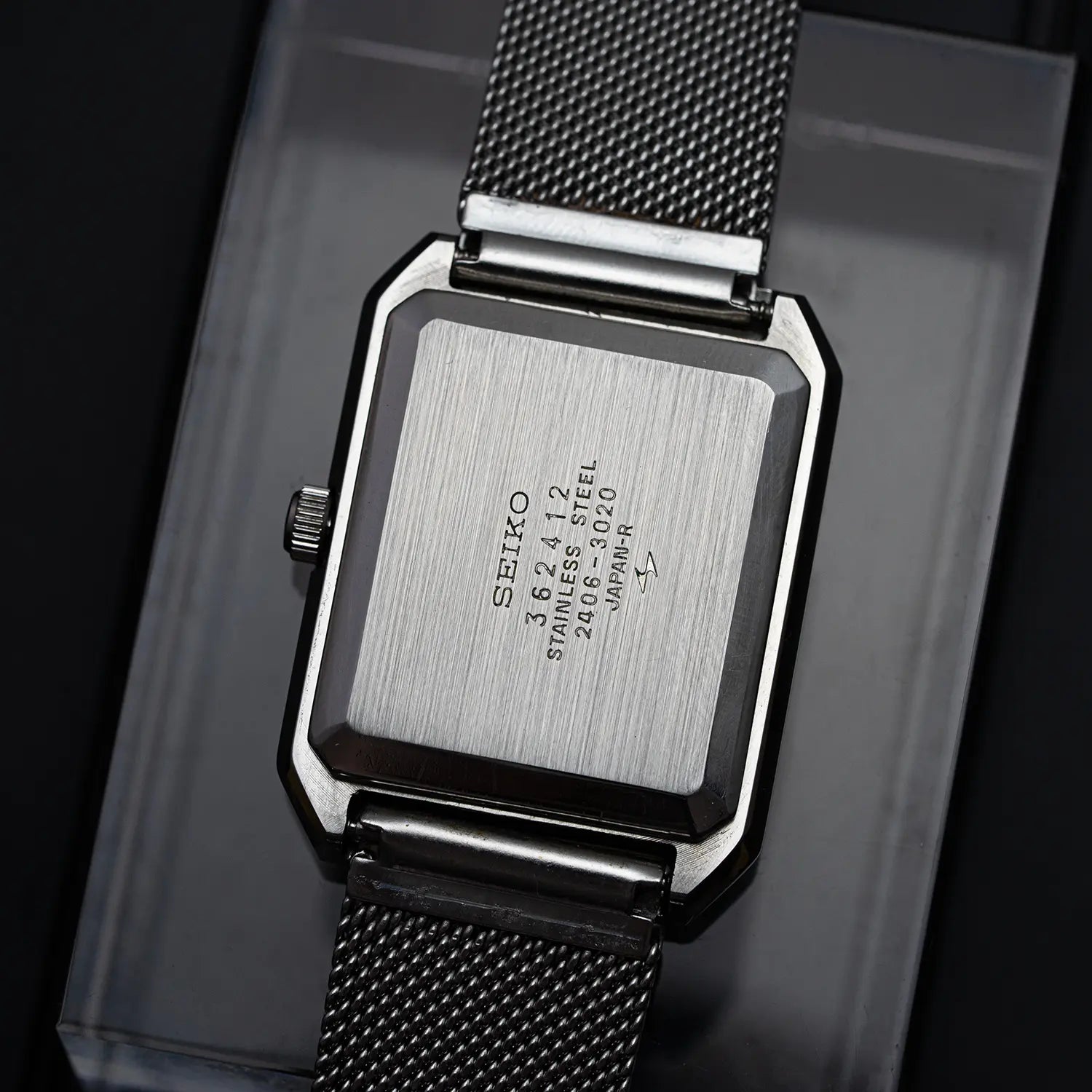 Seiko Hi-Beat 2406-3020 Caseback on black background