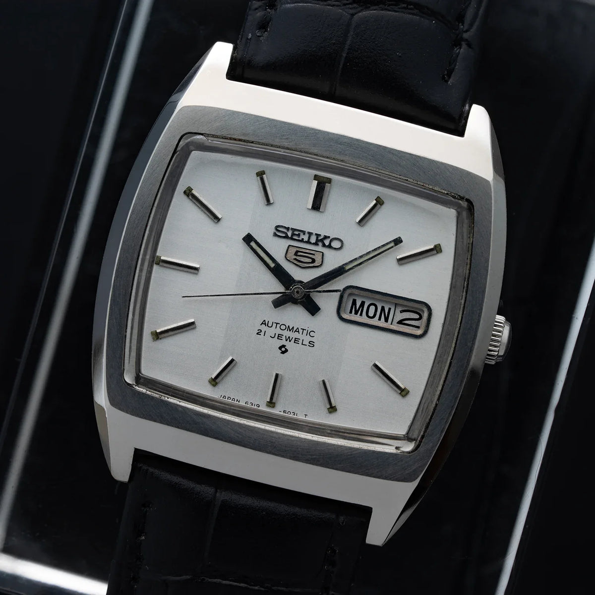 1977 Seiko 5 6319-5020 square silver-dial automatic wristwatch, VWS archive front view