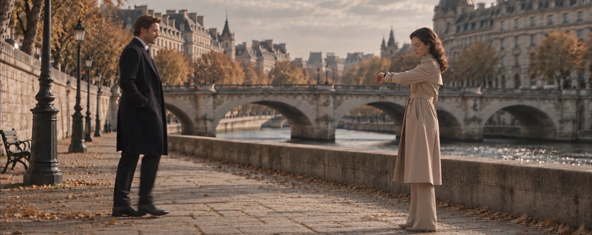Woman looking at the watch waiting Man in autumn 2026