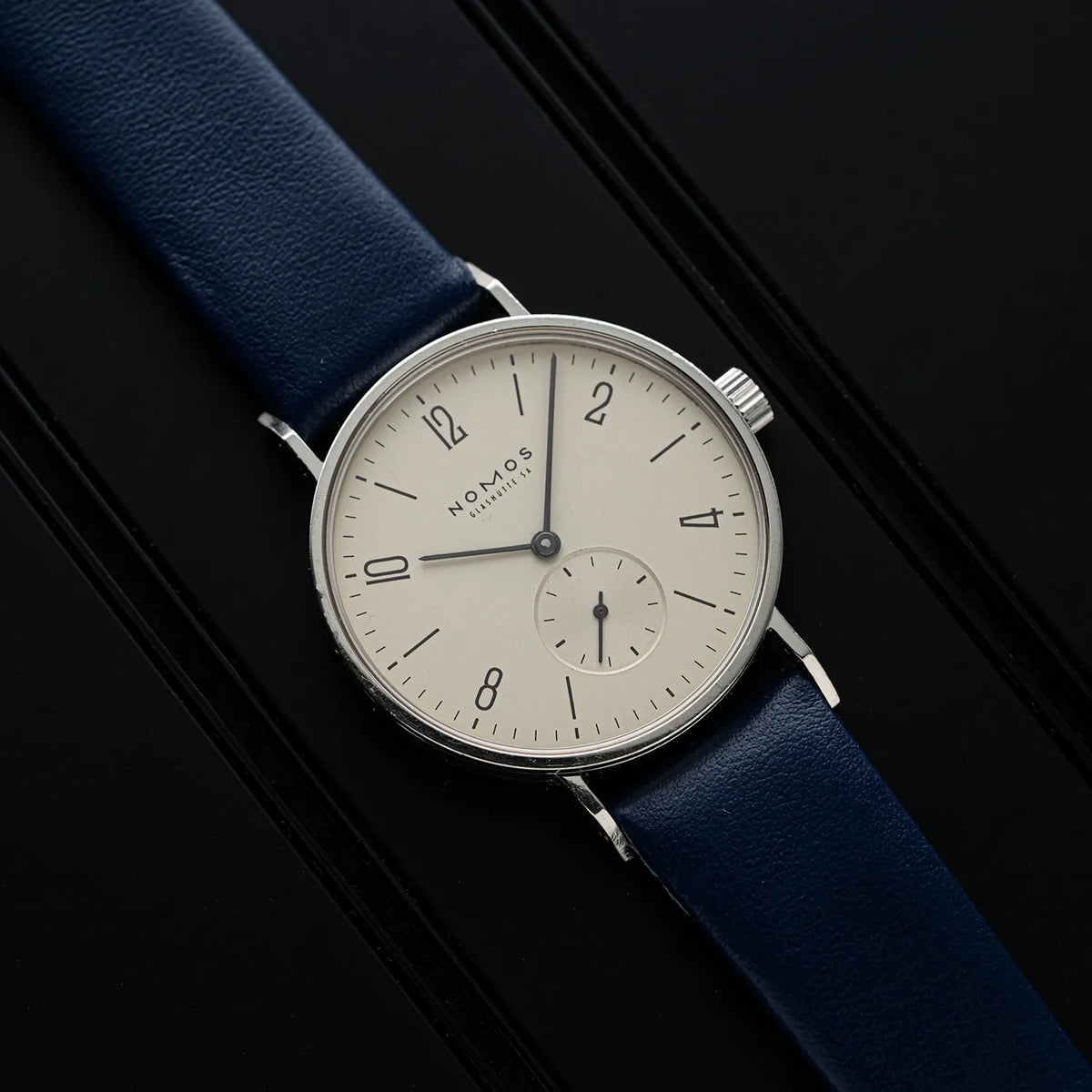 Wristwatch Nomos Tangente 101 with blue strap and silver case