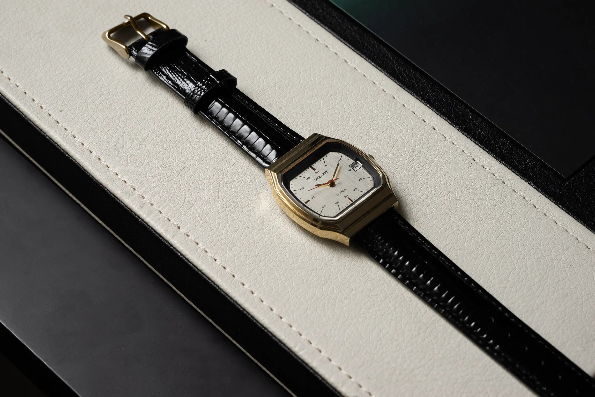 Poljot Gold Plated Square Watch, Cal 2614.2H Case, top view, on white background