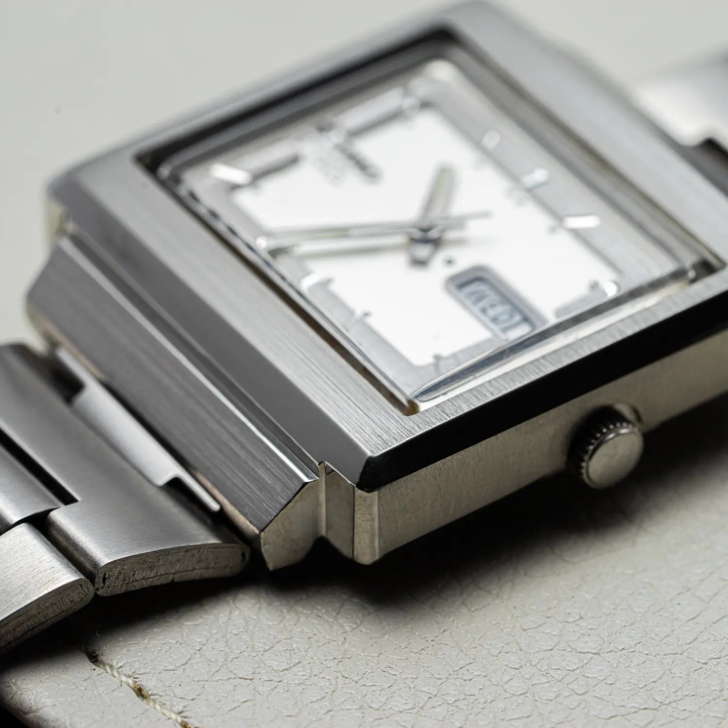 Seiko TV Screen Ref. 6309-5030 with a rectangular face on a textured surface showing crown