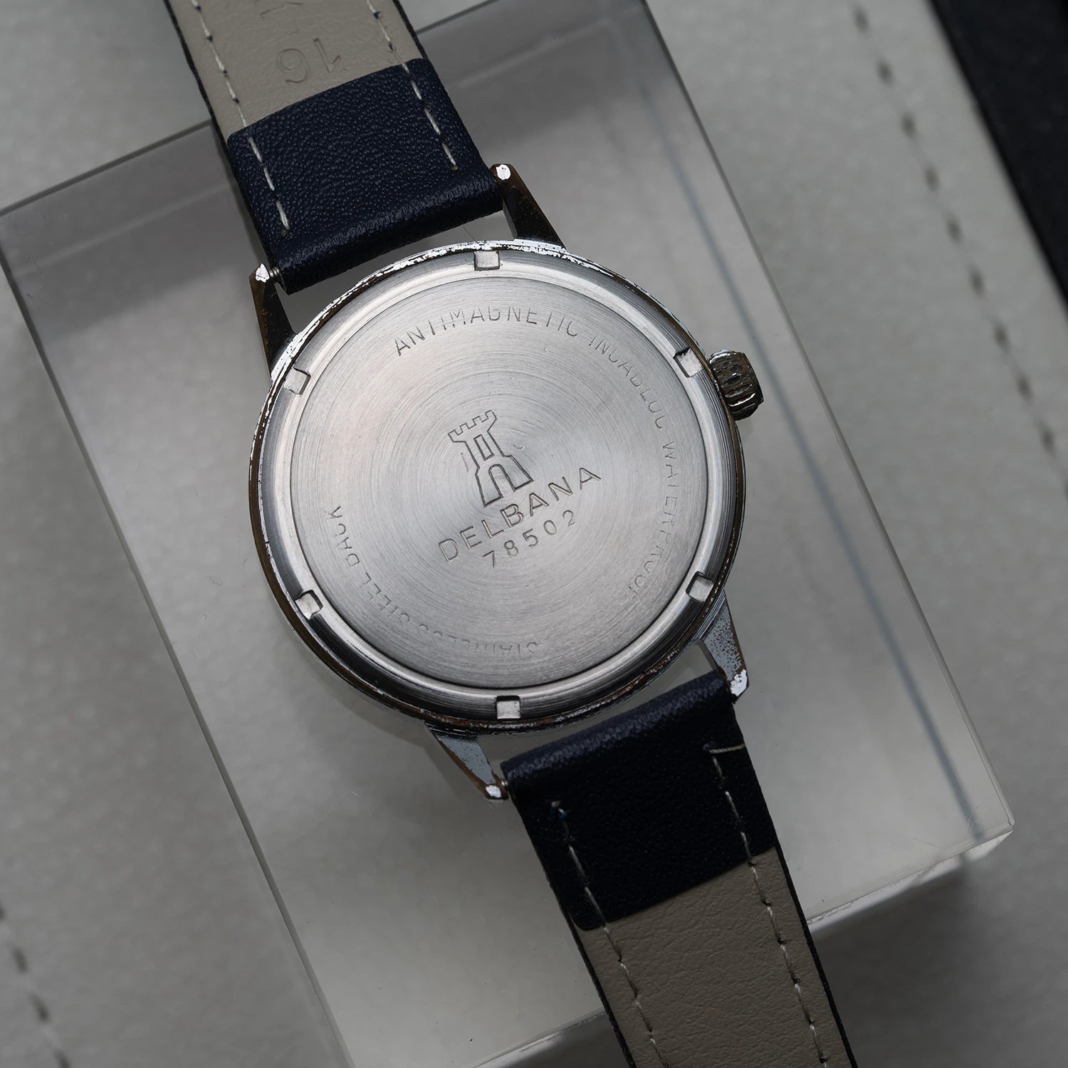 A close-up of a Delbana wristwatch showing the brushed stainless steel case back, with a dark navy and beige leather strap resting on a light gray presentation box.